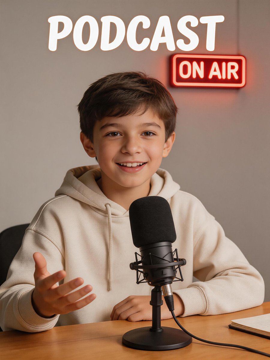 A child speaking into a podcast microphone